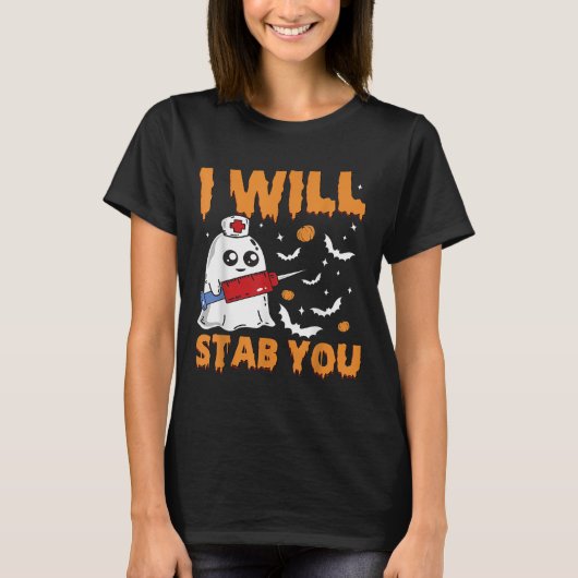 I Will Stab You Ghost Nurse Retro Funny Halloween T-shirt (Voorkant)