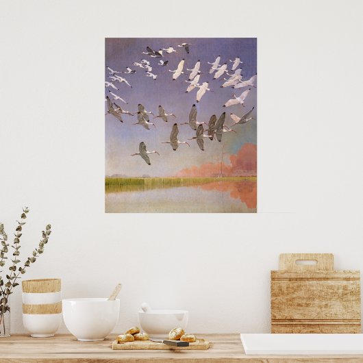Ibis-kudde over watergebieden,  vogels poster (Keuken)