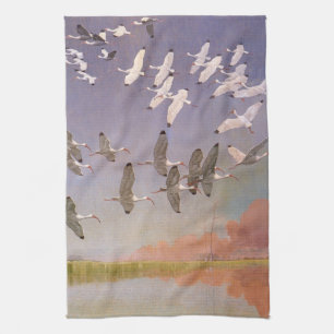 Ibis-kudde over watergebieden, vogels theedoek