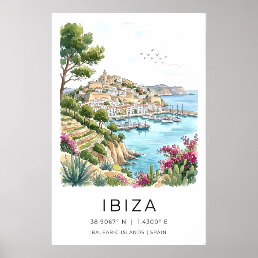 Ibiza Landschapsprint Aquarel Zeescène Poster (Voorkant)
