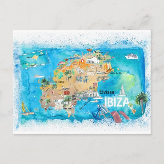 Ibiza Spain Illustrated Map met Landmarks Briefkaart (Voorkant)