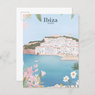 Ibiza Spanje Gouache Verf Illustratie Reizen Briefkaart