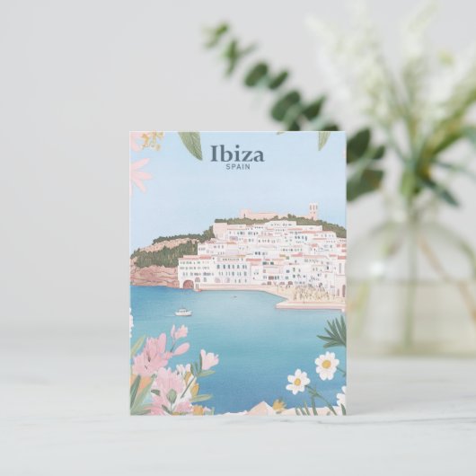 Ibiza Spanje Gouache Verf Illustratie Reizen Briefkaart (Staand voorkant)