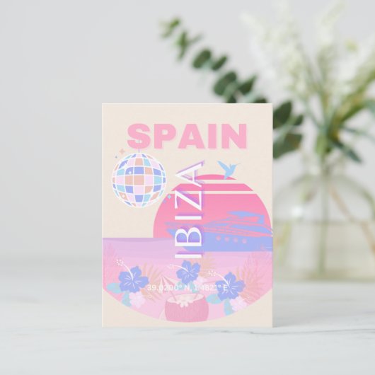 Ibiza, Spanje, Reiskunst, Preppy Art, Roze Feestdagenkaart (Staand voorkant)