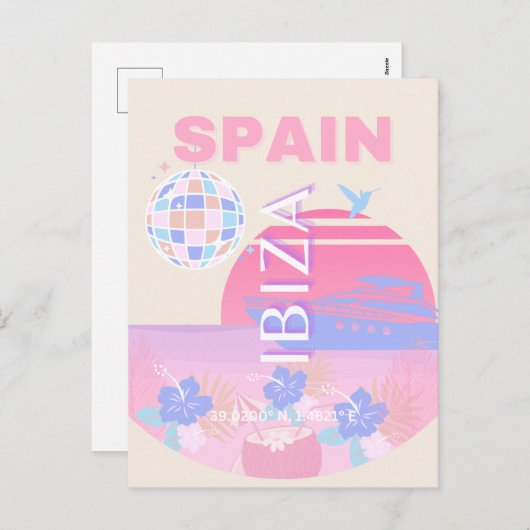 Ibiza, Spanje, Reiskunst, Preppy Art, Roze Feestdagenkaart (Voorkant / Achterkant)