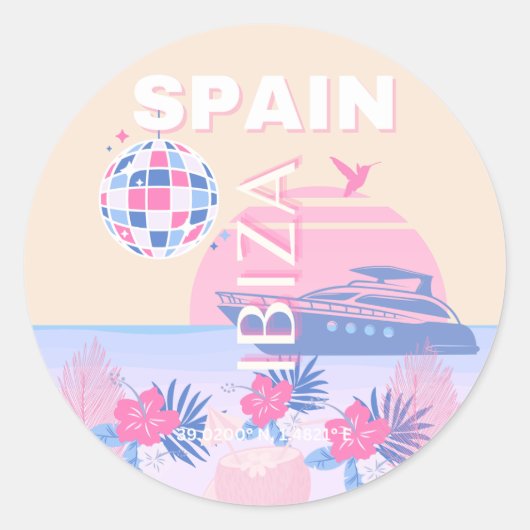 Ibiza, Spanje, Reiskunst, Preppy Art, Roze, Pastel Ronde Sticker (Voorkant)