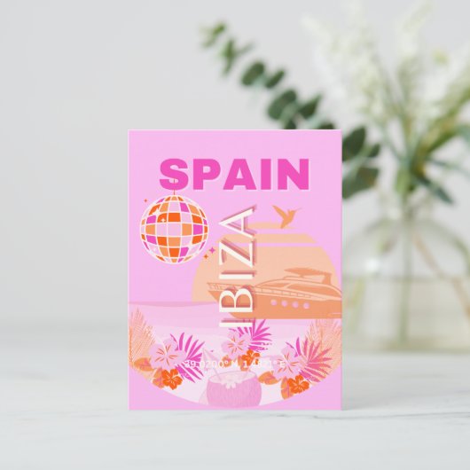 Ibiza, Spanje, Reiskunst, Preppy Art, Roze, Preppy Feestdagenkaart (Staand voorkant)