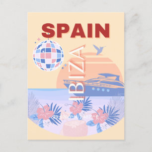 Ibiza, Spanje, Reiskunst, Retro Art, Pastel Feestdagenkaart