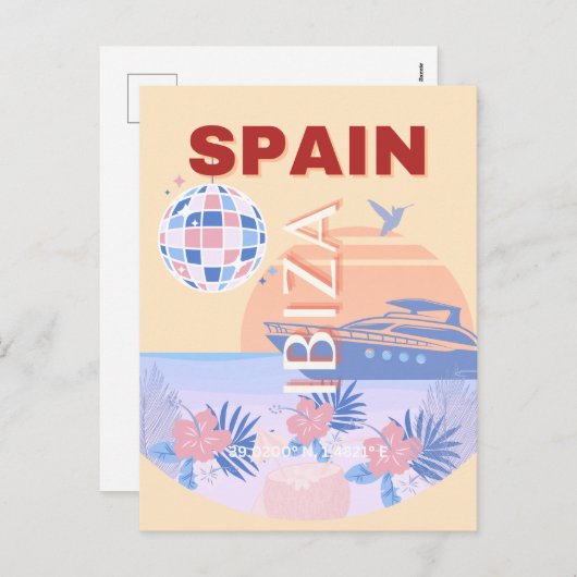 Ibiza, Spanje, Reiskunst, Retro Art, Pastel Feestdagenkaart (Voorkant / Achterkant)