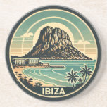 Ibiza Spanje Rock of Es Vedra Travel Art Badge Zandsteen Onderzetter<br><div class="desc">Ibiza retro vector reisontwerp. Ibiza is een van de Balearen,  een archipel van Spanje in het mediterrane Zee.</div>