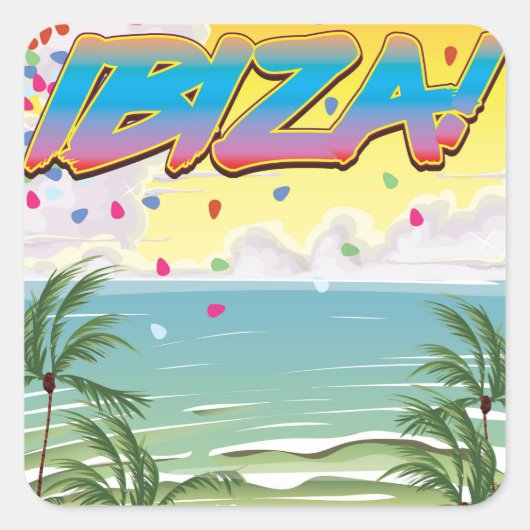 Ibiza strandfeest reisposter vierkante sticker (Voorkant)