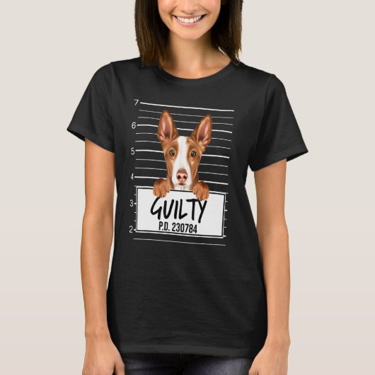 Ibizan Hound Mugshot Schuldige Hond T-shirt (Voorkant)