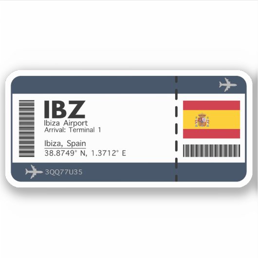 IBZ Ibiza Airport Boarding Pass - Spanje Reizen Sticker (Voorkant)