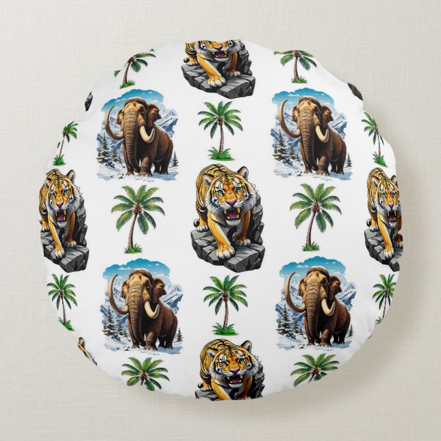 Ice Age Mammoth Sabertooth Tiger Pattern Design Rond Kussen (Voorkant)