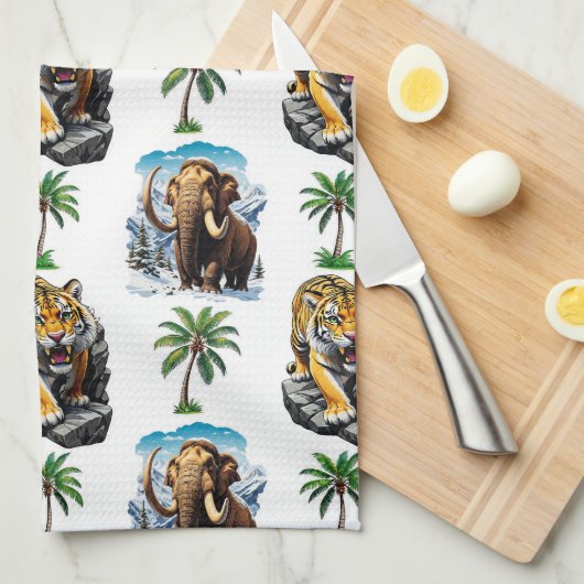 Ice Age Mammoth Sabertooth Tiger Pattern Design Theedoek (Quarter Fold)