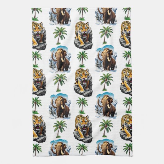 Ice Age Mammoth Sabertooth Tiger Pattern Design Theedoek (Verticaal)