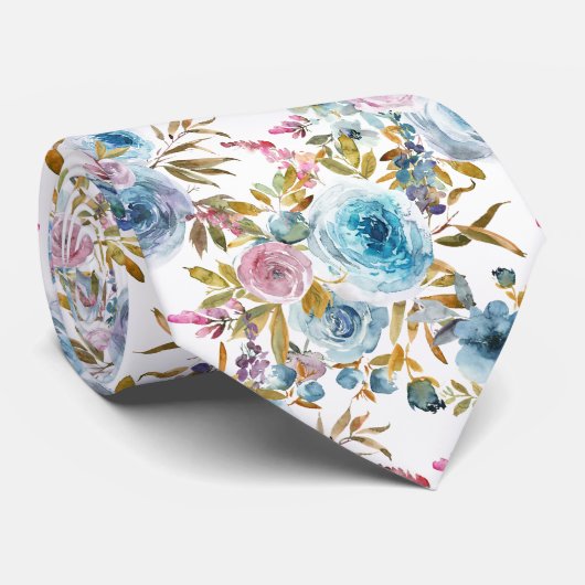 Ice Blue Blush Pink Floral Waterverf Rozen Stropdas (Opgerold)