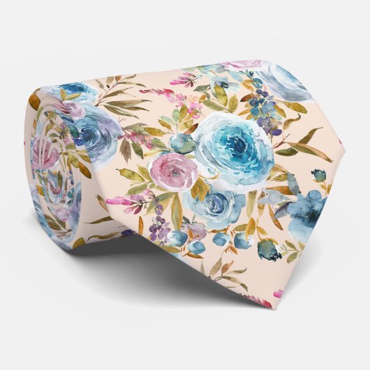Ice Blue Blush Pink Floral Waterverf Rozen Stropdas (Opgerold)