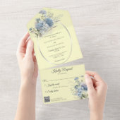 Ice Blue Bohemian Flowers op Bleek geel QR-code All In One Uitnodiging (Afscheurbaar)