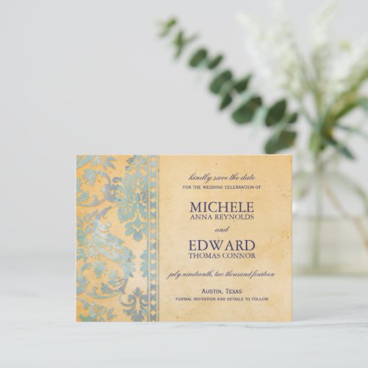  Ice Blue Damask Lace Save the Date (Staand voorkant)