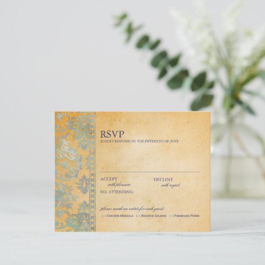  Ice Blue Damask Lace Wedding RSVP (Staand voorkant)