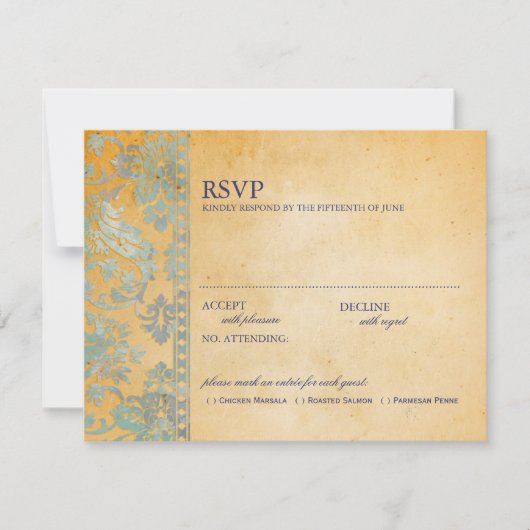Ice Blue Damask Lace Wedding RSVP Kaartje (Voorkant)