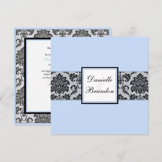Ice Blue Damask Monogram Wedding Invitation Kaart (Voorkant / Achterkant)