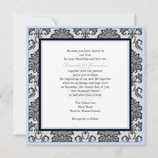 Ice Blue Damask Monogram Wedding Invitation Kaart (Achterkant)