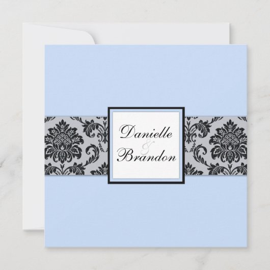 Ice Blue Damask Monogram Wedding Invitation Kaart (Voorkant)