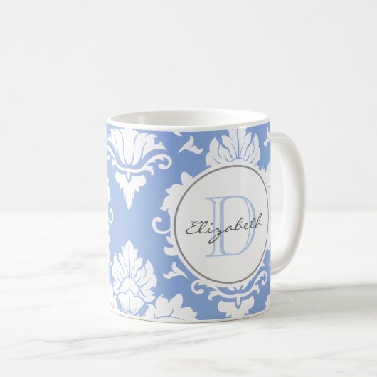 Ice Blue  Damask Monogrammed Mok (Voorkant rechts)