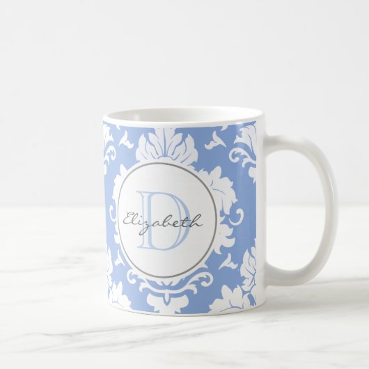 Ice Blue  Damask Monogrammed Mok (Rechts)