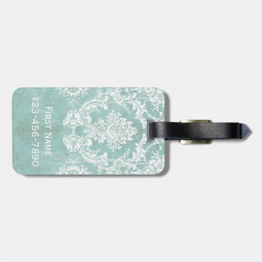 Ice Blue  Damask Patroon met Grungy Finish Bagagelabel (Achterkant horizontaal)