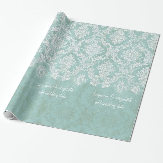 Ice Blue  Damask Patroon met Grungy Finish Cadeaupapier (Uitgerold)