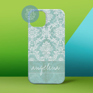 Ice Blue  Damask Patroon met Grungy Finish iPhone 15 Case