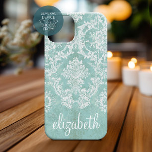 Ice Blue Damask Patroon met Grungy Finish Case-Mate iPhone Case