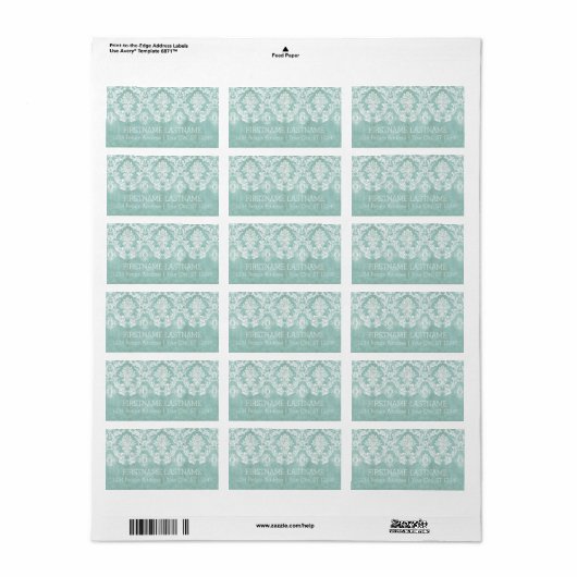 Ice Blue  Damask Patroon met Grungy Finish Etiket (Full Sheet)