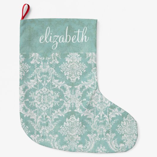 Ice Blue  Damask Patroon met Grungy Finish Grote Kerstsok (Voorkant)