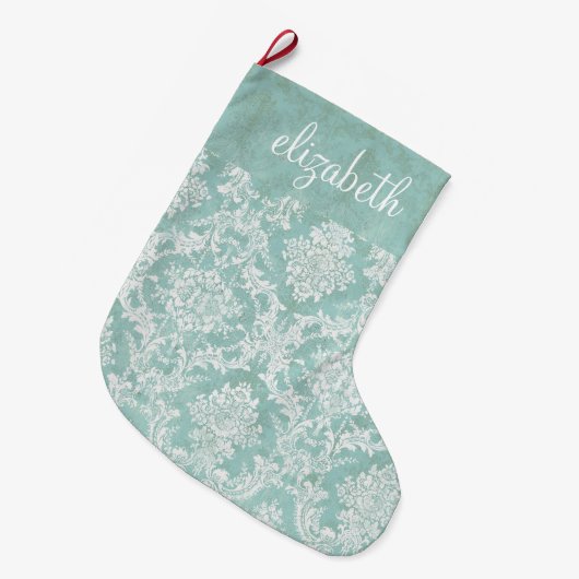 Ice Blue Damask Patroon met Grungy Finish Grote Kerstsok (Voorkant (Hangend))