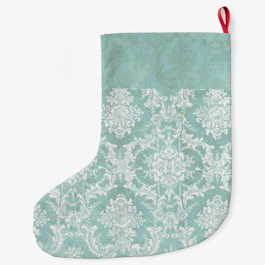 Ice Blue  Damask Patroon met Grungy Finish Grote Kerstsok (Achterkant)