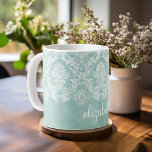 Ice Blue  Damask Patroon met Grungy Finish Koffiemok<br><div class="desc">Een patroon met een bord en kant. Kijk dicht bij de bloemen en bladeren.Een trendy design met juweelkleuren en elegantie. De punten zijn gemakkelijker om aan te passen wanneer u alle tekst en foto's eerst vervangt. Als je kunst nog moet worden aangepast, klik je op Deze knop aanpassen. Dit zal...</div>