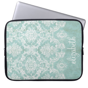Ice Blue  Damask Patroon met Grungy Finish Laptop Sleeve