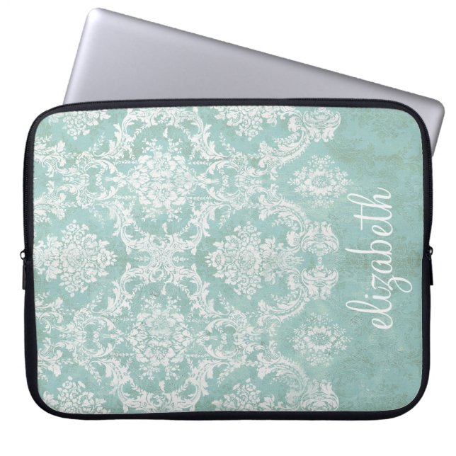 Ice Blue  Damask Patroon met Grungy Finish Laptop Sleeve (Voorkant)