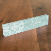 Ice Blue Damask Patroon met Grungy Finish Naambordje (Zijkant)