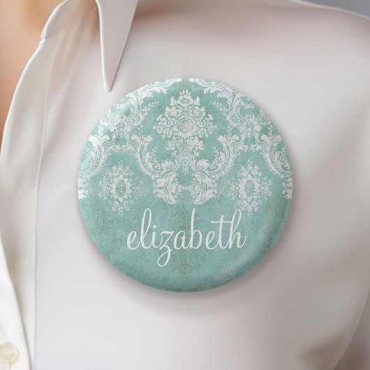 Ice Blue  Damask Patroon met Grungy Finish Ronde Button 5,7 Cm