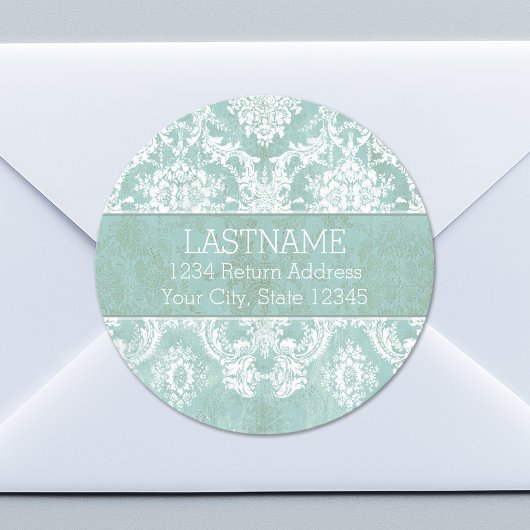 Ice Blue Damask Patroon met Grungy Finish Ronde Sticker