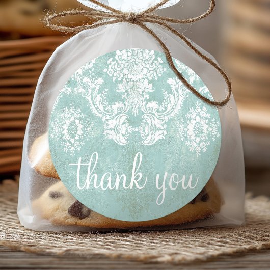 Ice Blue  Damask Patroon met Grungy Finish Ronde Sticker