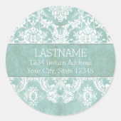 Ice Blue Damask Patroon met Grungy Finish Ronde Sticker (Voorkant)