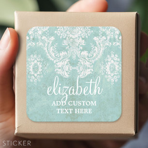 Ice Blue  Damask Patroon met Grungy Finish Vierkante Sticker