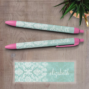 Ice Blue Damask Patroon met Grungy Finish Zwarte Inkt Pen