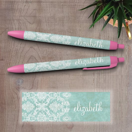 Ice Blue Damask Patroon met Grungy Finish Zwarte Inkt Pen